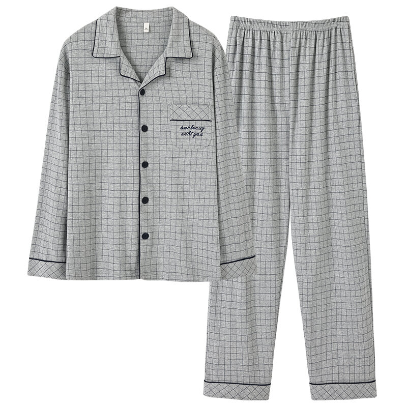 4XL pigiama in cotone pieno per uomo 2 pezzi Lounge Sleepwear pigiama Plaid autunno camicia da letto vestiti per la casa uomo pigiama Cardigan con bottoni