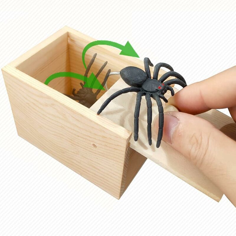 Halloween senang kotak lelucon karet laba-laba kotak bahagia kerajinan tangan kayu kotak laba-laba laba-laba kejutan uang dalam kotak