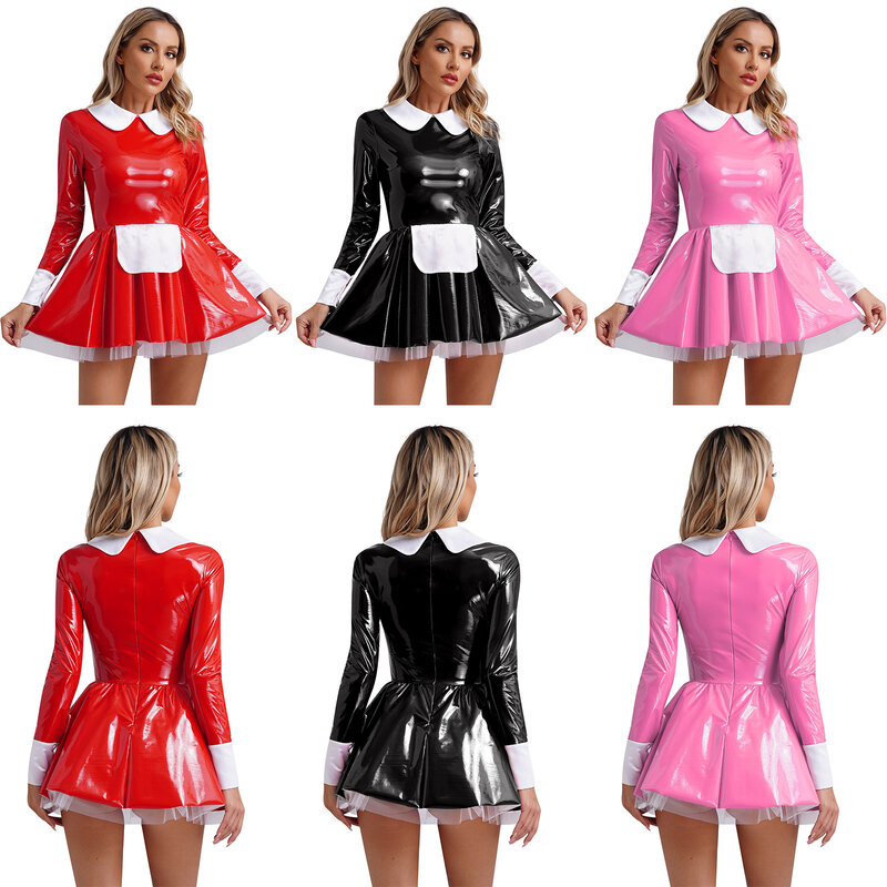Latex Leather Cosplay Maid Fancy Dress Patent Leather Long Sleeve Apron Tulle Underskirt A-Line Dress Halloween Role Play Outfit