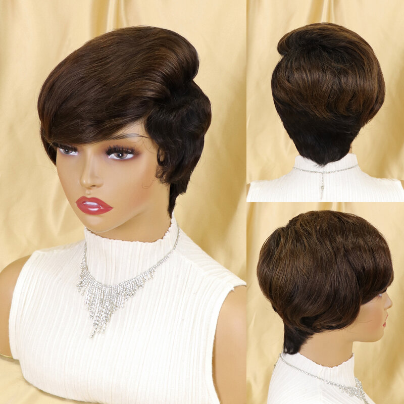 Perucas de cabelo humano curto com franja remy brasileiro curto pixie corte peruca para preto feminino em linha reta borgonha marrom ombre glueless