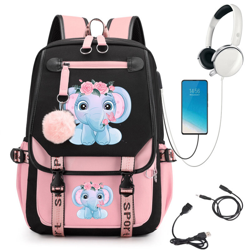 코끼리 프린트 배낭, 십대 소녀 어린이 배낭 초등 학교 가방, 어린이 만화 책가방, USB 충전 백팩