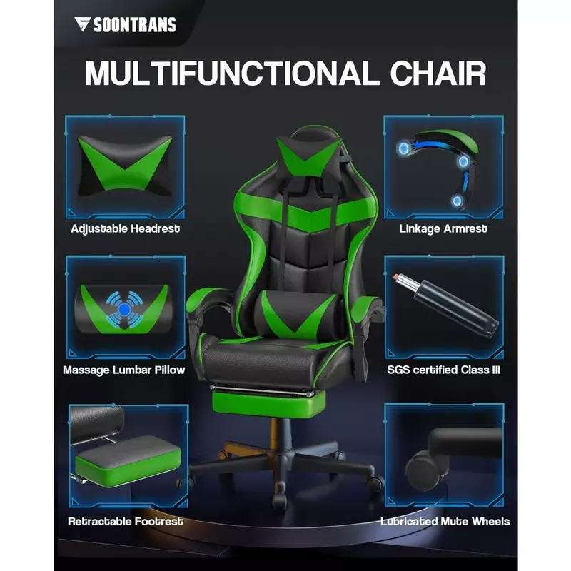 Sedia da gioco ergonomica con poggiatesta regolabile e supporto lombare (verde giungla) sedie da gioco Chaise sedia da spedizione gratuita per scrivania