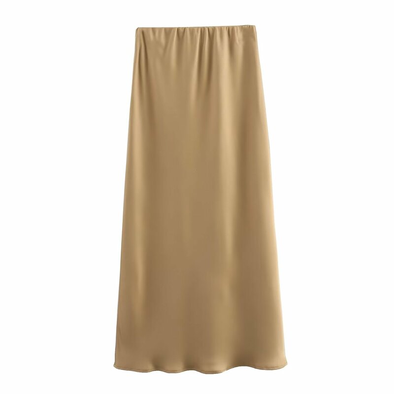 กระโปรงผ้าซาตินโจ๊กเกอร์แฟชั่นใหม่สำหรับผู้หญิงกระโปรงคลุมเข่า ROK high waist ย้อนยุคเวอร์ชันบางฤดูใบไม้ผลิ2024