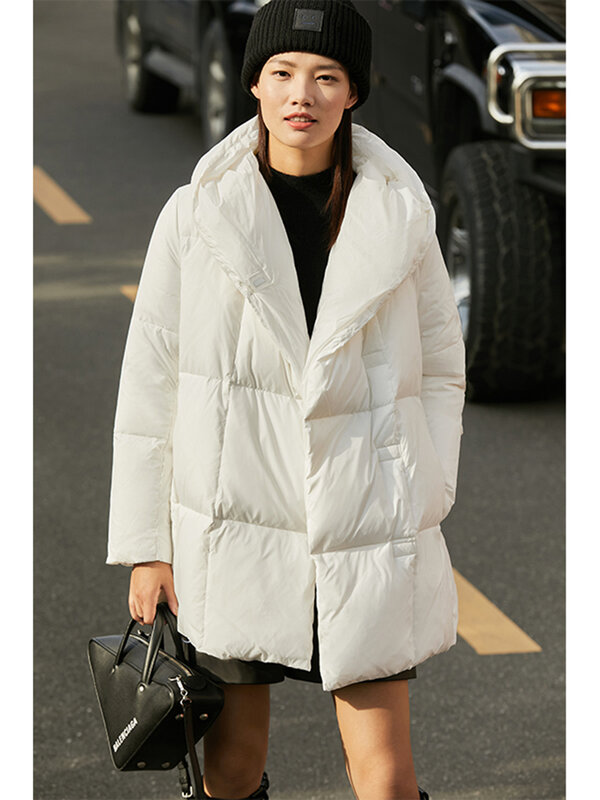 AMII Minimalis 2022 Musim Dingin Baru Ringan Bertudung Mantel Putih Bebek Jaket Wanita Hangat Mode Pakaian Panjang 12120285