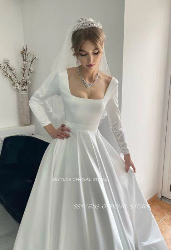 Semplice abito da sposa in raso bianco maniche lunghe una linea abiti da festa nuziale collo quadrato israele Vestidos Novias Boda abiti da sposa