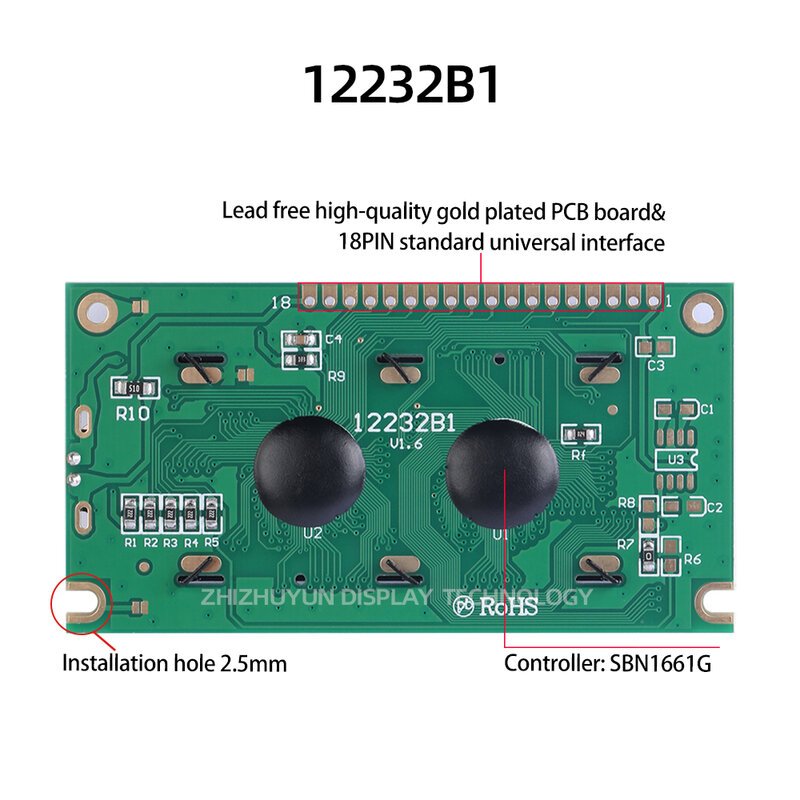 จอ LCD 12232B1ตัวละครสีเขียวมรกตสีดำอ่อนตัวอักษรความสว่างสูงหน้าจอ LCD โมดูลสปอตหน้าจอ LCD