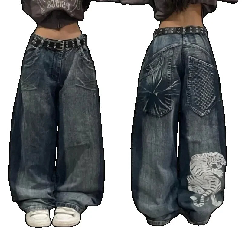 Harajuku Jeans estampado popular para mulheres, moda Y2K Street Hip Hop, calças de perna larga retas do palhaço, calças casuais punk rock, novo, 2024