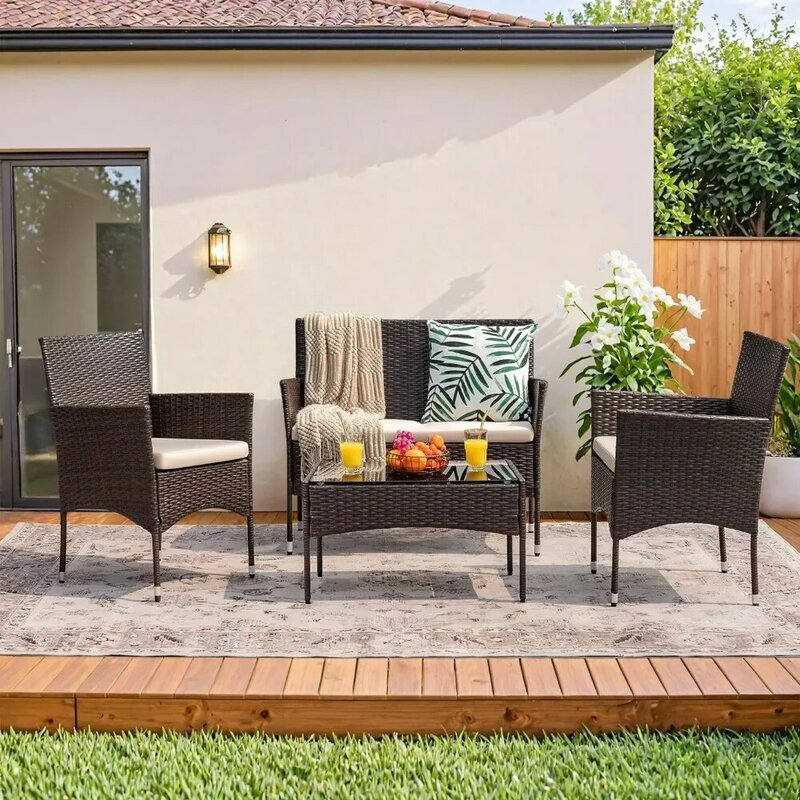 Outdoor and Indoor Furniture Set, quintal, varanda, jardim, piscina, varanda, apuramento, marrom e bege, mesa ao ar livre Set, 4 peças