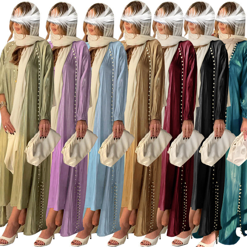 모던 무슬림 패션 샤이니 실크 새틴 실크 원피스 버블 비드 솔리드 세트, 보수적인 로브 캐주얼 롱 드레스, 2 개
