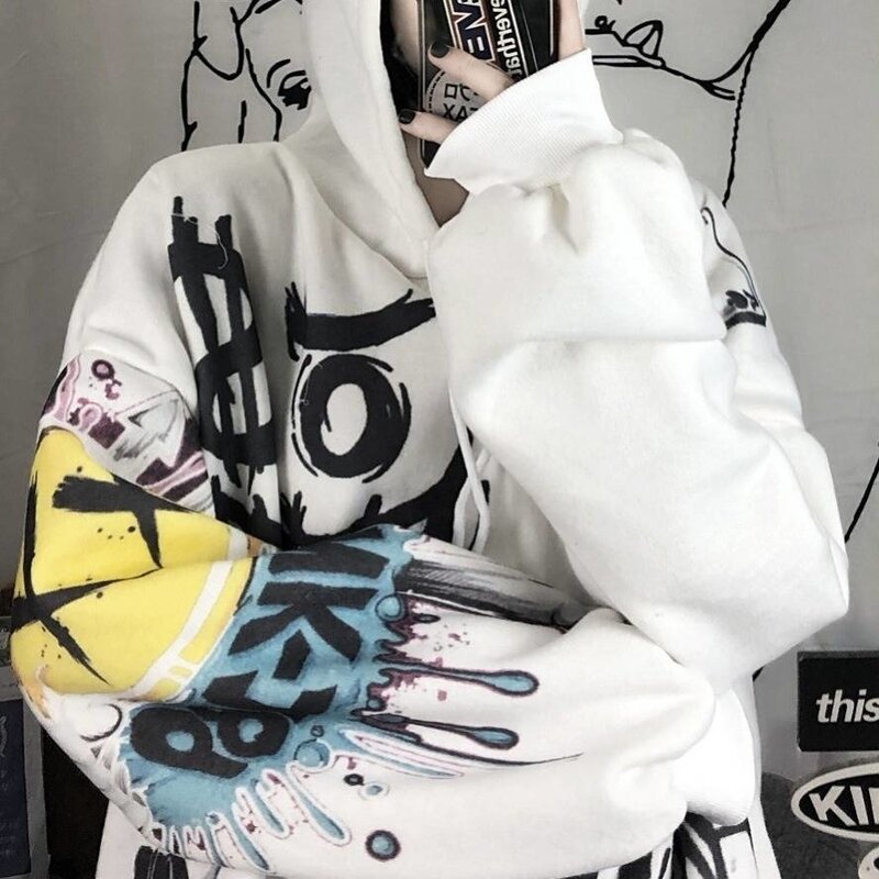Atasan Hoodie wanita, Hoodie Gotik Hip Hop grafiti Jepang Punk jalan ukuran besar musim gugur lengan panjang