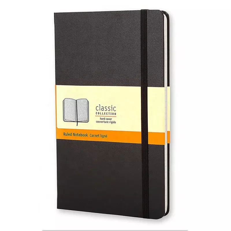 Notebook personalizado preto forrado com logotipo, impressão clássica, capa dura, grande 5x8,25, produto personalizado