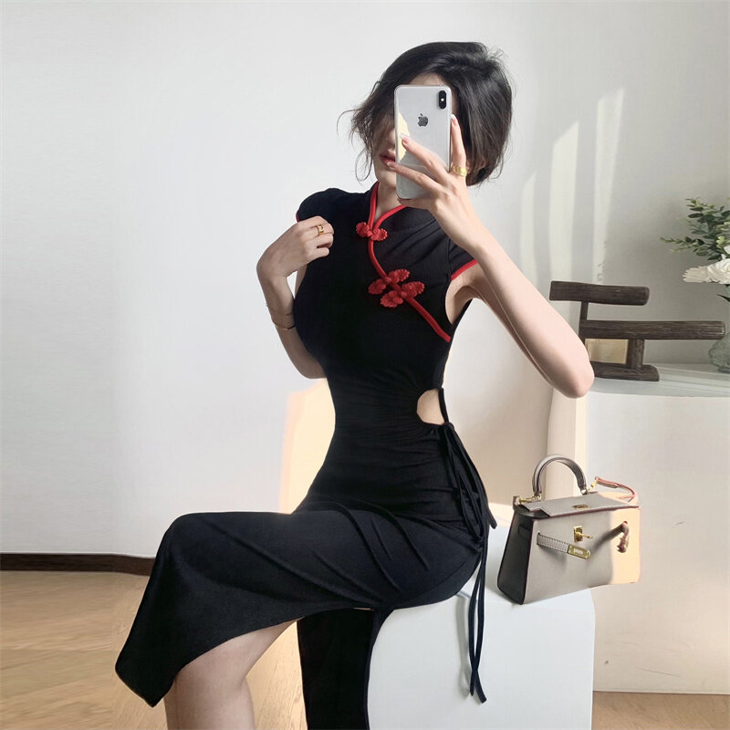 Abiti da donna Sexy Vintage senza maniche Qipao classico elegante collo alla coreana lungo Cheongsam Sexy Slim Split abiti cinesi