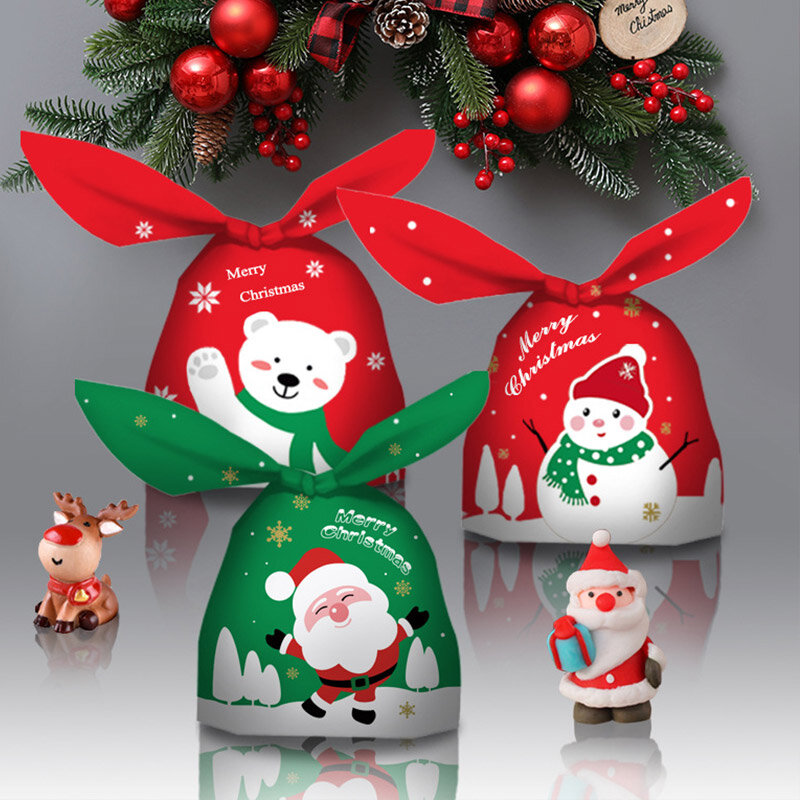 10 buah telinga kelinci lucu tas permen Natal plastik karton Santa Claus manusia salju tas permen untuk Natal kue hadiah persediaan kemasan