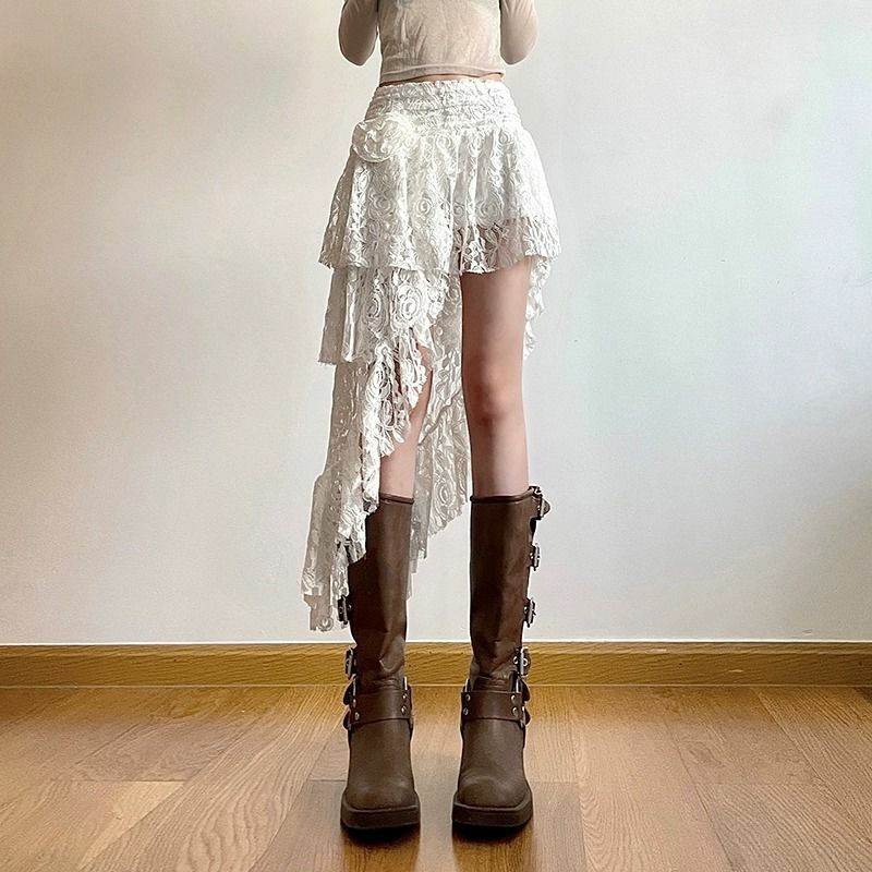 Deeptown-falda de encaje bohemio para mujer, faldas asimétricas blancas, faldas cortas asimétricas elegantes Fairycore, moda coreana, Tull Irregular