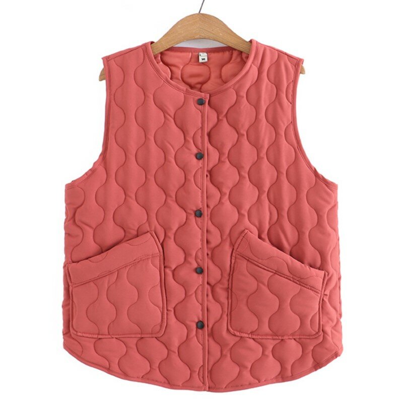 Plus Size Women Lightweight Cotton Vest Fashion Large Pockets Warm O-Neck Parka Autumn Winter Loose Casual Sleeveless Jacket