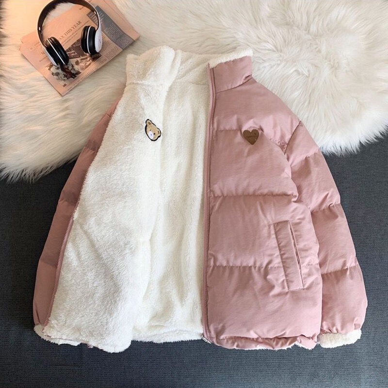 Парка женская зимняя с вышивкой, модная Толстая свободная теплая куртка в Корейском стиле, двухсторонний дизайн, розовая Студенческая одежда