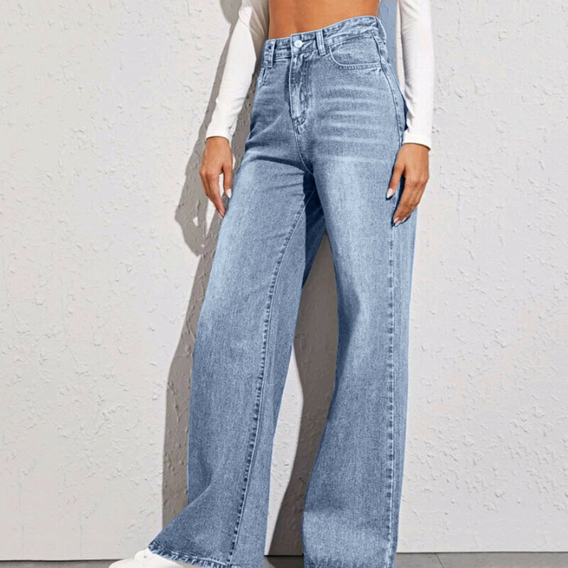 Celana panjang Denim wanita, Jeans pinggang tinggi Streetwear biru muda longgar kasual kaki lebar Musim Panas 2024