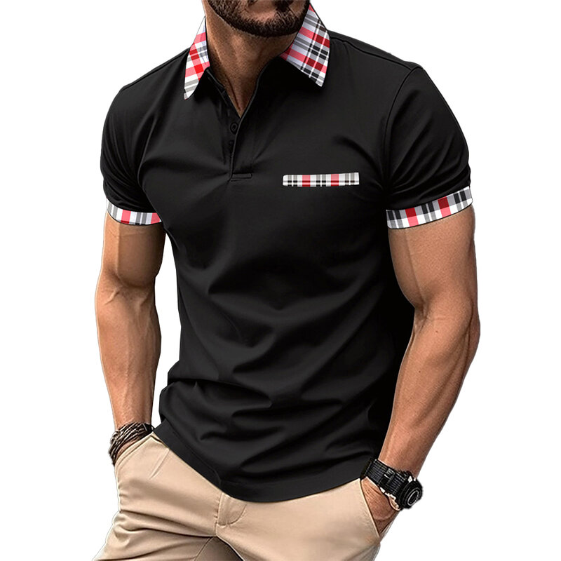 Kaus olahraga bergaris pria, atasan kasual kerah kancing untuk musim panas otot poliester nyaman reguler