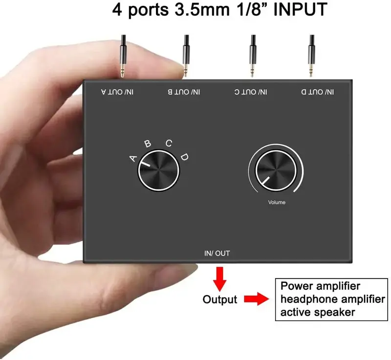 Interruptor de Audio estéreo de 4 puertos, Selector de conmutador de Audio auxiliar de 3,5mm, 4 entradas, 1 salida/1 entrada, 4 salidas, divisor de potencia
