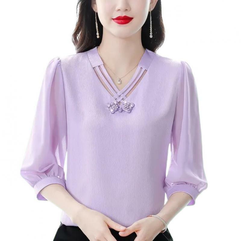 2024 Solid Color Chiffon Shirt Women's New Summer V Neck Bottoming Top 3/4 Sleeve Versatile Pullovers Chiffon Blouse
