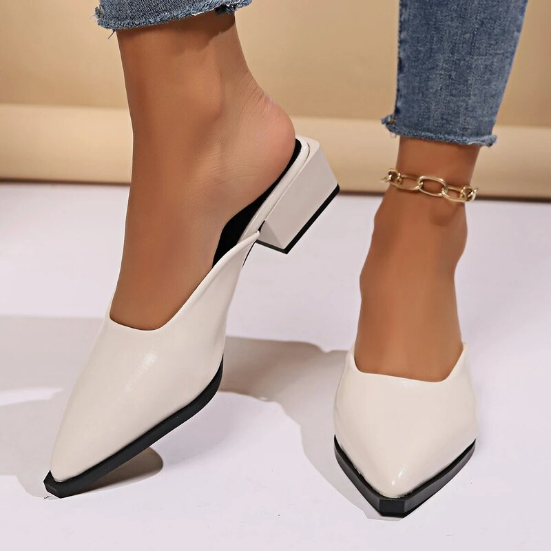 Zapatillas Baotou de tacón cuadrado con punta estrecha para mujer, zapatos de moda sin cordones, sandalias de boca baja, media zapatilla de verano