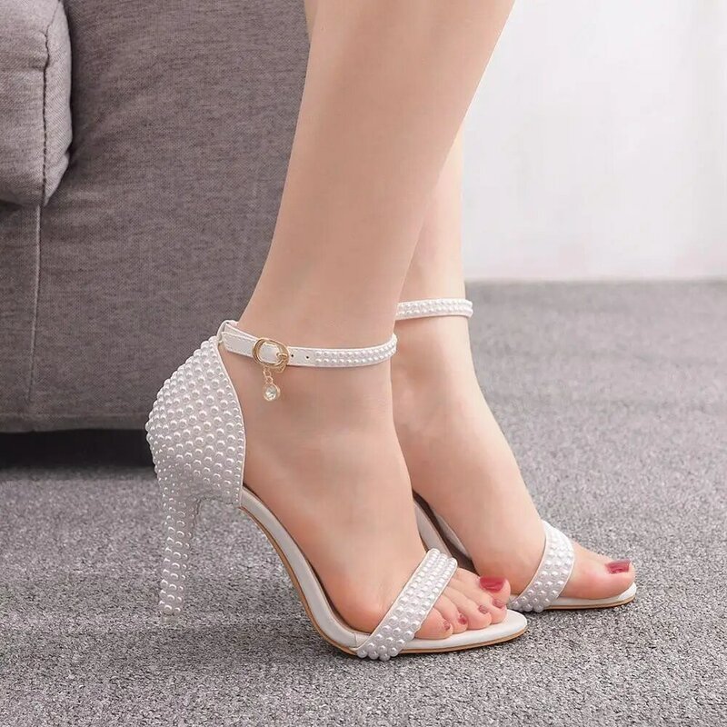 New Fashion White Thin High Heels Women's Ankle Lace Party Dress Sandals Open Toe High Heels