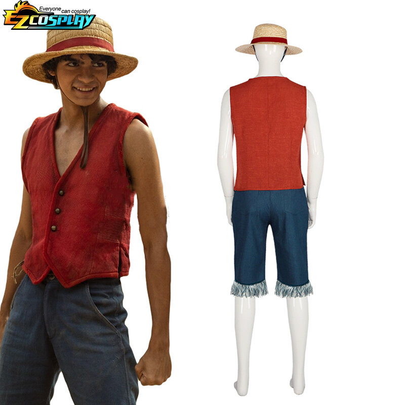 Série de TV One Piece, Monkey D, 2023 Luffy Cosplay Costume, Colete, Calças, Chapéu, Roupas de Festa, Carnaval, Halloween