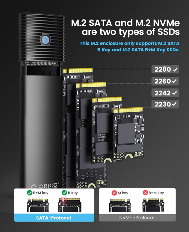 ORICO-Boîtier SSD externe, M.2 SATA NGFF, USB 3.1 Type C, 5Gbps, adaptateur pour SSD 2280/2260/2242/2230 SSD 4 To