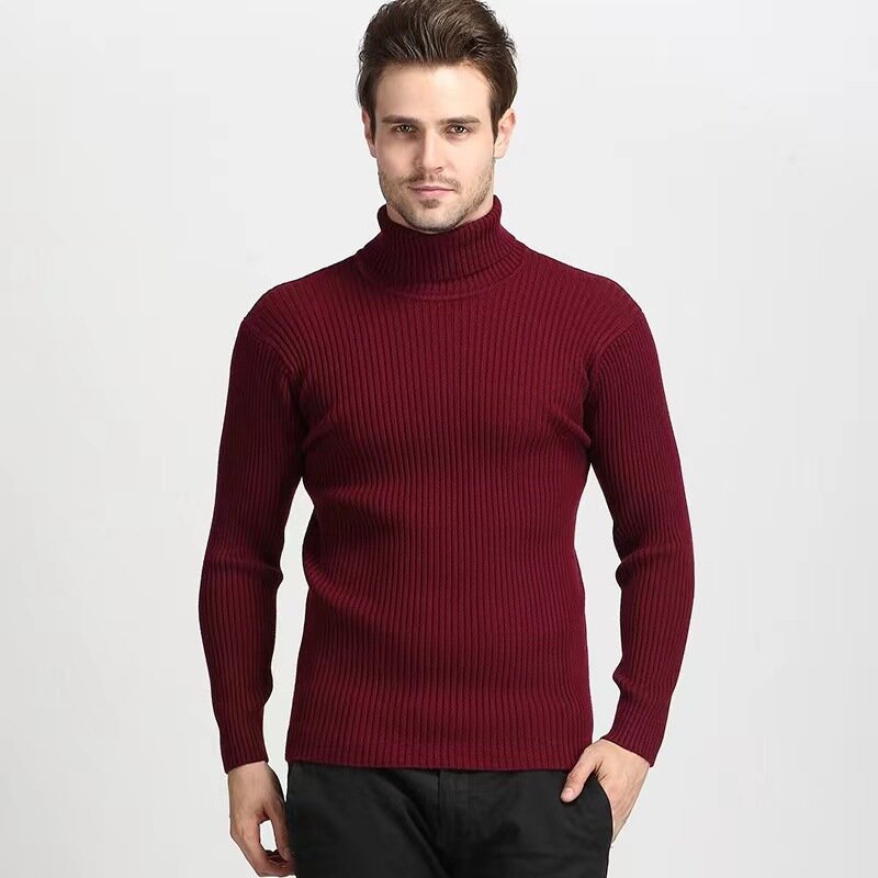 Autumn Winter Men's High Neck Knit Sweater Casual Solid Vertical Pattern Pullover Men Warm Long Sleeve