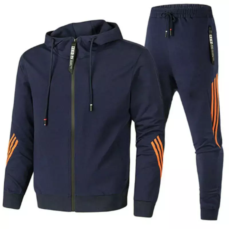 2024 Spring & Autumn Men's Sports Fitness Set Outdoor Jogging Breathable Jacket Zipper Striped Comfortable Hiking Hoodie + Pants