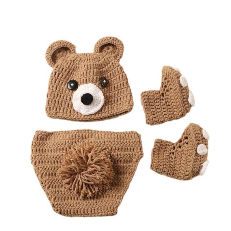 Conjunto chapéu e calças urso malha com sapatos combinando, roupas confortáveis ​​e charmosas para fotos bebês QX2D