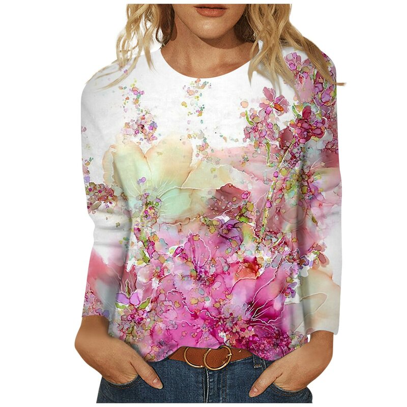 Blusa feminina com estampa floral casual elegante, pulôver coreano com gola redonda, mangas 3/4, camisas e blusas femininas, tops de verão