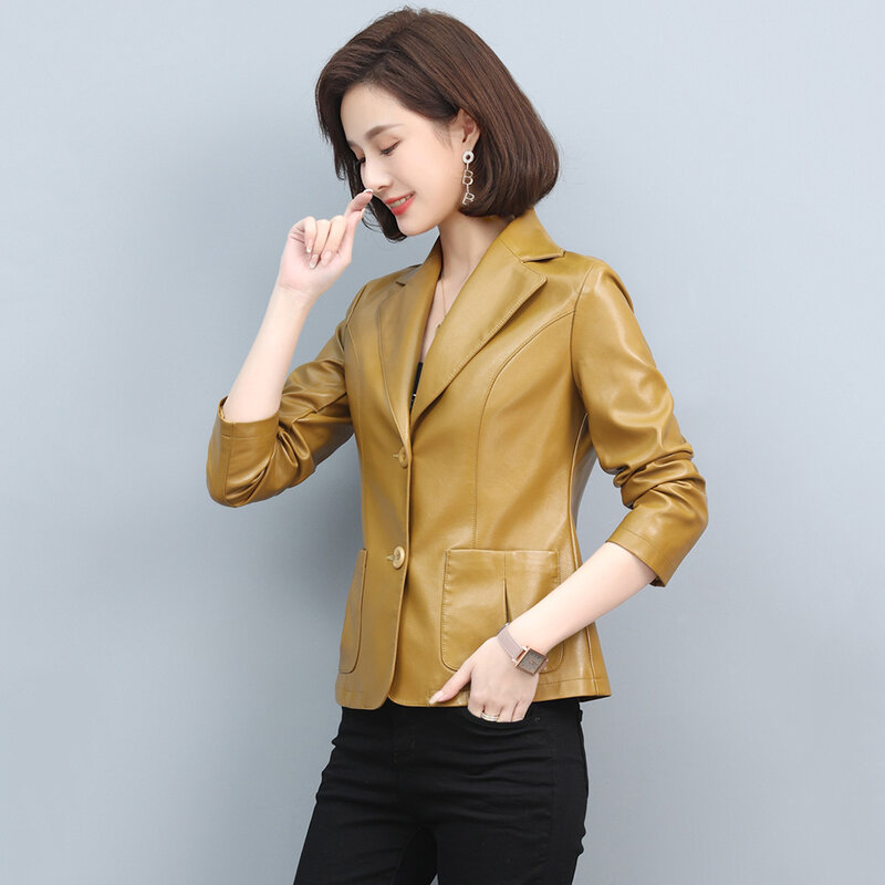 New Women Spring Autumn Leather Jacket Fashion Suit Collar Long Sleeve Slim Blazer Elegant Office Lady Short Coat Split Leather