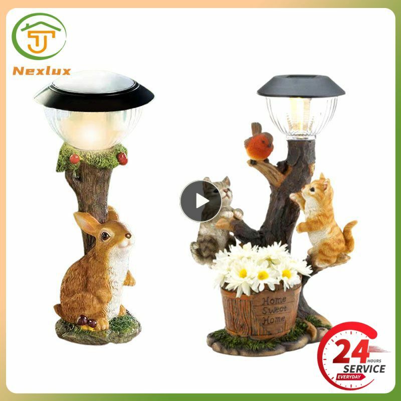 Patung kecil hewan anjing kucing kelinci Resin lucu, patung kerajinan lampu tenaga surya LED IP65 tahan air dekorasi patung rumah taman
