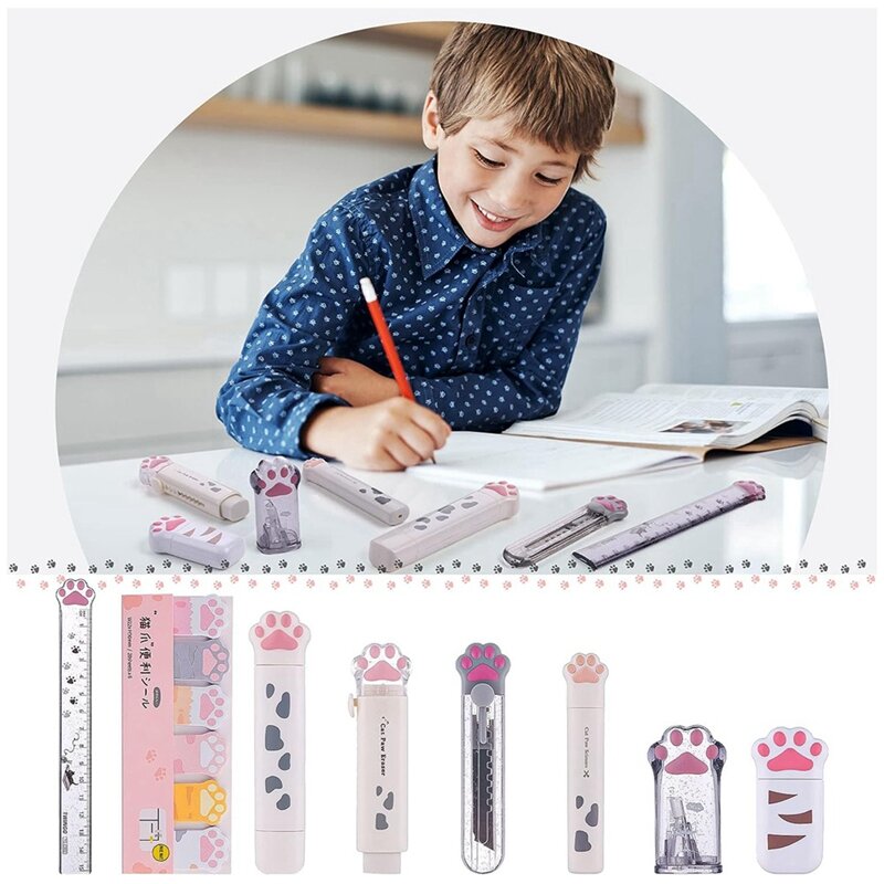 8 Pcs Cute Cat Paw Stationery Set Kawaii School Supplies Including Pencil Sharpener Retractable Eraser Reusable Durable (White)