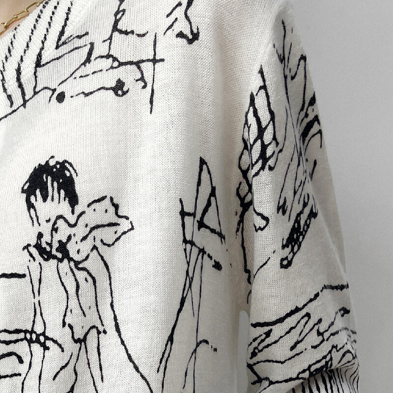 Cárdigan de punto para mujer, chaqueta de moda coreana, sección delgada estampada, de lana suelta, estilo occidental, Primavera, 2022