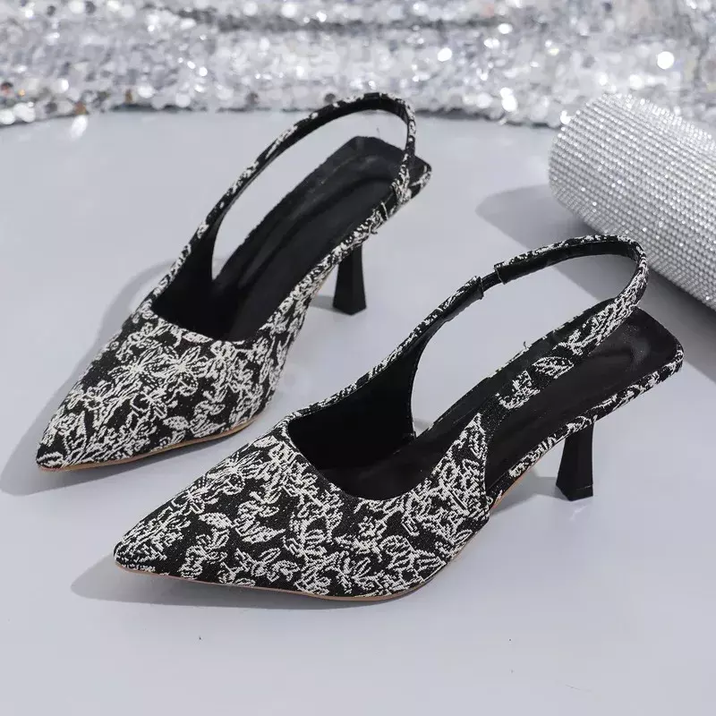 Buty dla kobiet 2024 Gorąca wyprzedaż Slingbacks Damskie buty na wysokim obcasie Moda Drukowanie Biuro i kariera Seksowne szpilki ze szpiczastym noskiem Kobiety