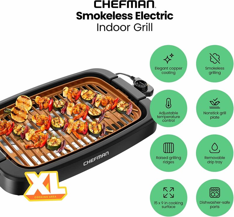 Chefman-Smokeless Indoor Electric Grill, cobre, extra grande, antiaderente Grill para grelhar interior e churrasco