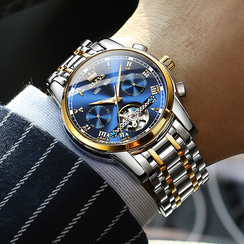 OLEVS 남성용 자동 기계식 시계, 비즈니스 손목 시계, 방수 스테인레스 스틸 스트랩 시계, 스켈레톤 캘린더