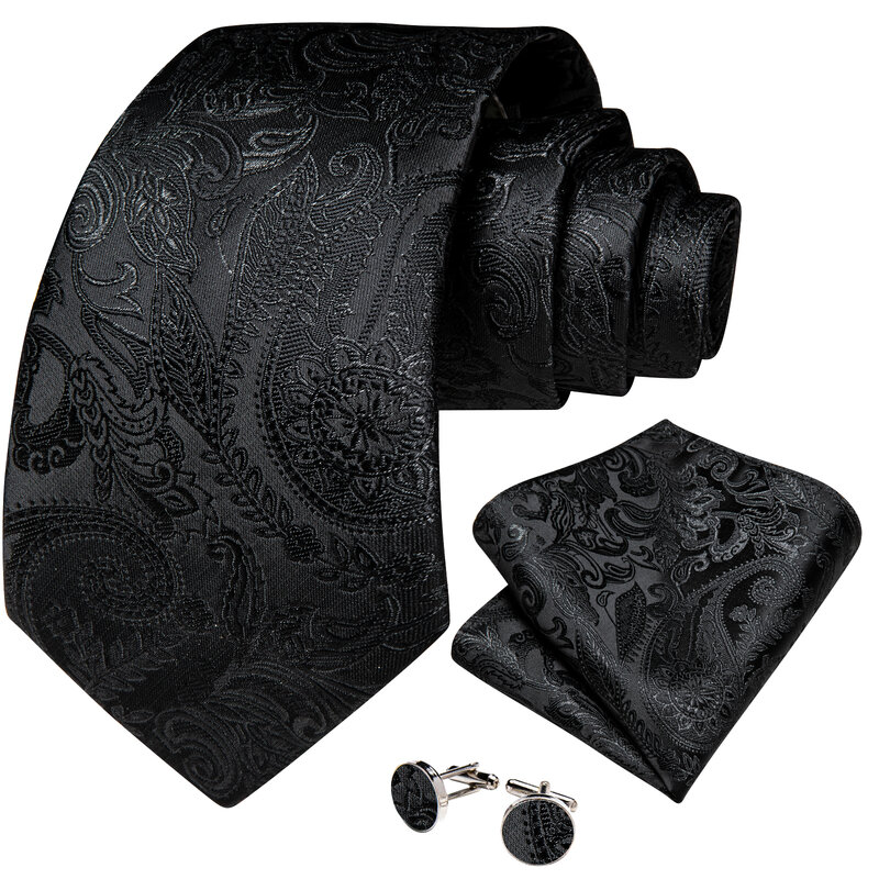 2022 New Classic Black Solid Paisley Silk Ties For Men Handkerchief Cufflinks Brooch Pin Wedding Accessories Men Gift Dropship