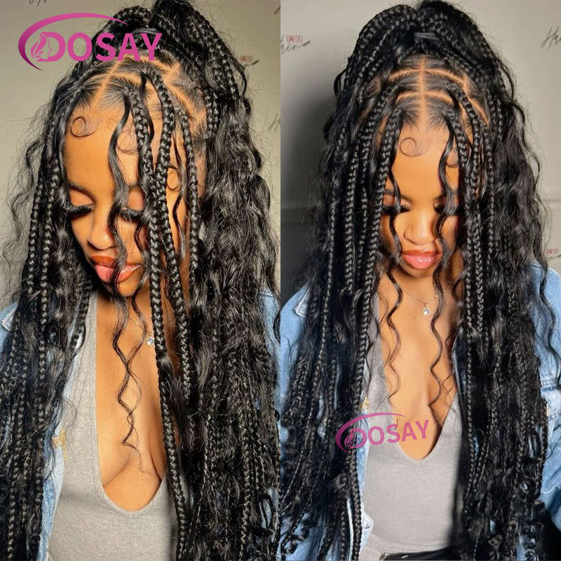 32" Synthetic Boho Braided Wigs Full Lace Front Wigs Bohemian Braided Wigs Blonde Goddess Locs Wigs With Curly Hair Pre Plucked