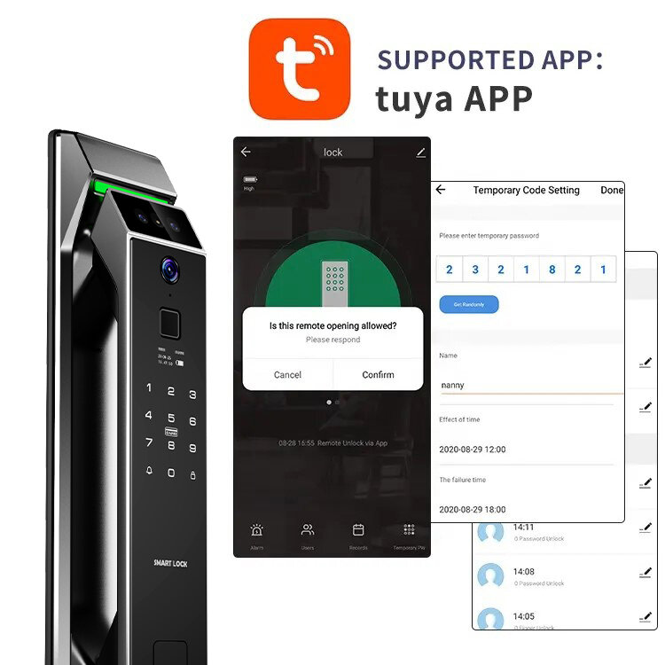 Tuya-生体認証スマートロック,指紋付き3D顔認識ロック,Wi-Fi,アルミニウム,自動ドアロック