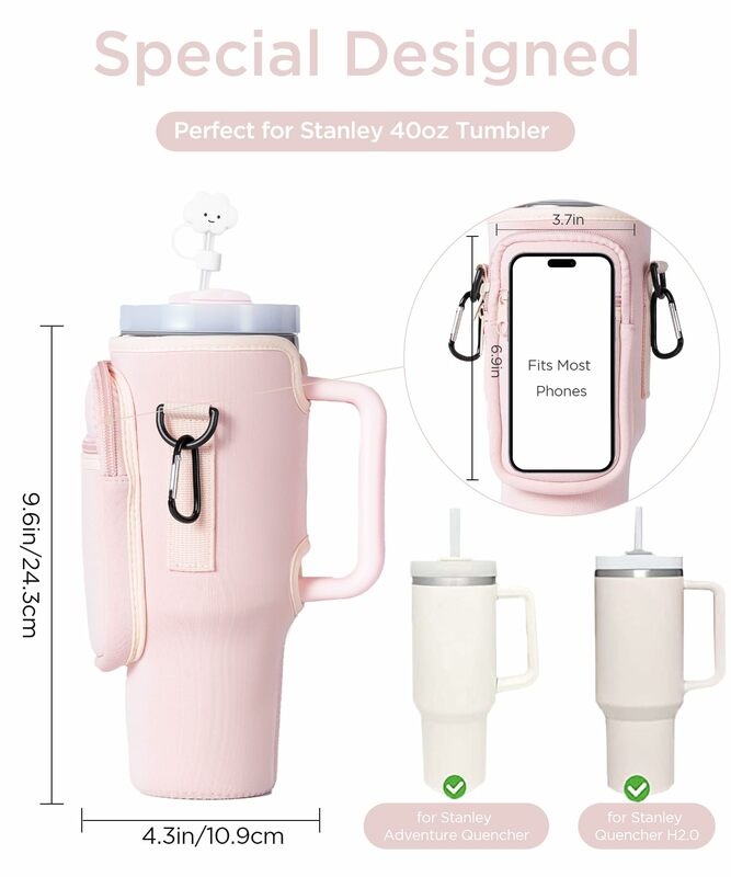 Tas pembawa botol air dengan saku ponsel untuk Stanley 40oz Tumbler dengan pegangan kantong pemegang botol air Neoprene