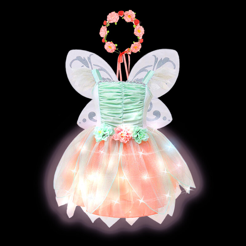 ชุดคอสตูมทิงเกอร์เบลล์ปี2024สำหรับเด็กผู้หญิงชุดเจ้าหญิงไฟแอลอีดีส่องสว่างแฟนซีชุดเดรสเอลฟ์ Tutu ลายดอกไม้ปีกผีเสื้อ