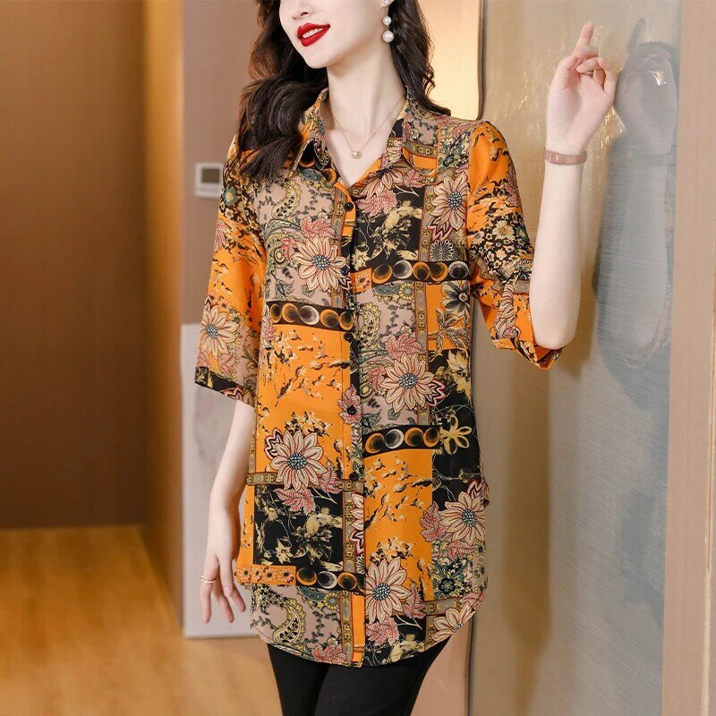 Женская шелковая рубашка-поло средней длины, кардиган с цветочным принтом и длинным рукавом, маленькая Солнцезащитная кофта, Новинка лета 2023