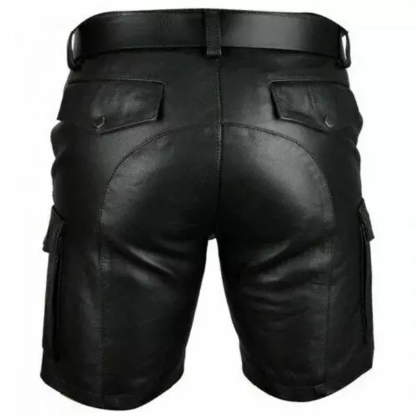 Pantalones cortos Cargo de cuero de vaca Real para hombre, bolsillos Cargo negros con cinturón
