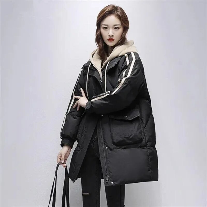 New Winter Parkas Female Loose Mid-length Thick Cotton Padded Jackets Ladies Hooded Fake Two Pieces Casual Warm Parka Overcoat