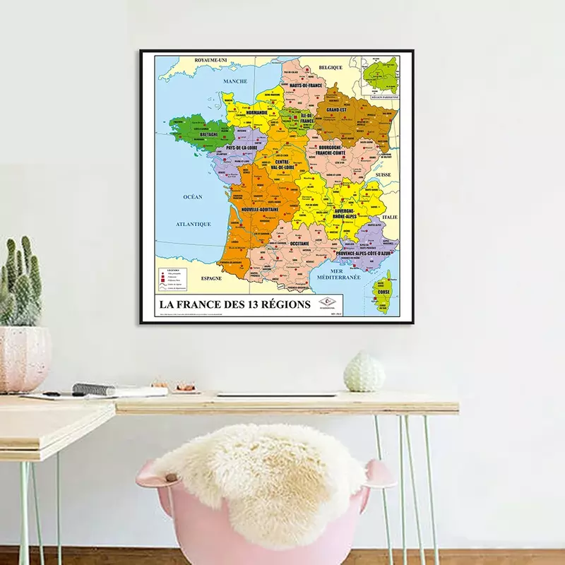 Pintura en lienzo del mapa de Francia en francés, Póster Artístico de pared, decoración del hogar para aula, suministros escolares para niños, 60x60cm