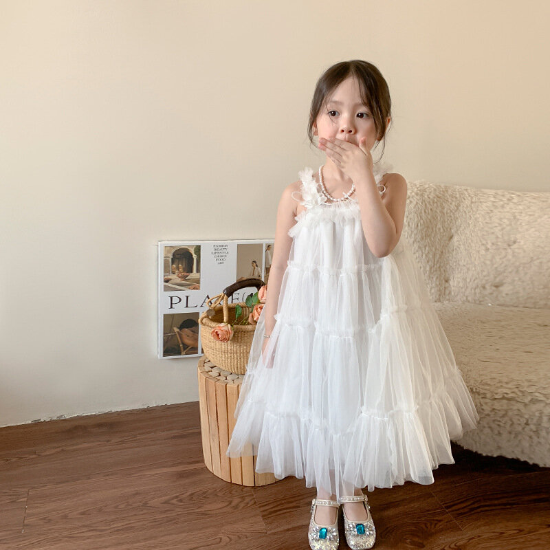 فستان أميرة بحمالات للأطفال ، النسخة الكورية ، ملابس صيفية ، أبيض ، فتيات ، طفل ، جديد ،