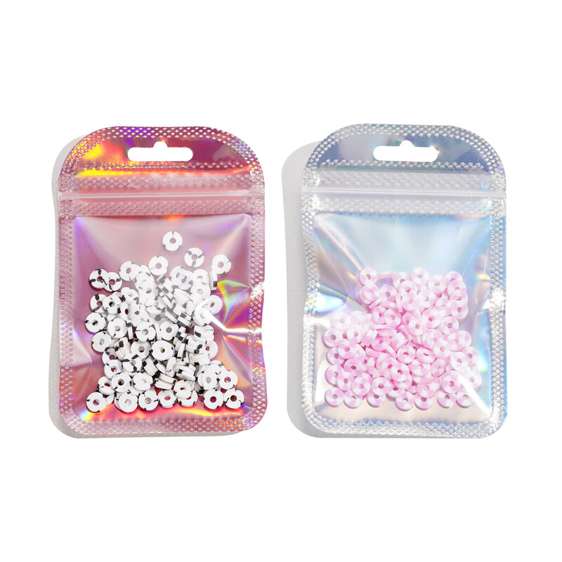 50 buah kantung plastik kecil Laser segel sendiri untuk kantung perhiasan dengan jendela tampilan bening DIY tas penyimpanan hadiah perhiasan